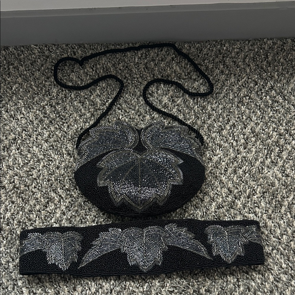 Black and Silver Beaded Bag and Belt Set